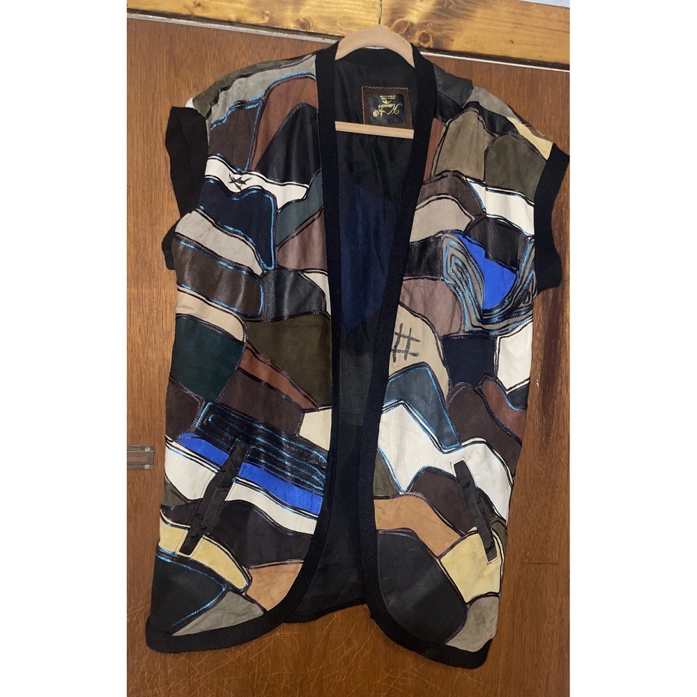 Vintage Kanar Leather Vest Boho Art To Wear Black Brown Blue Cream Open Front